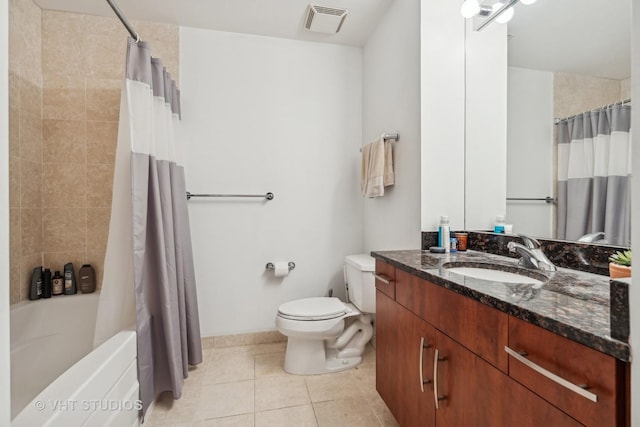 full bathroom with tile patterned flooring, vanity, toilet, and shower / bathtub combination with curtain