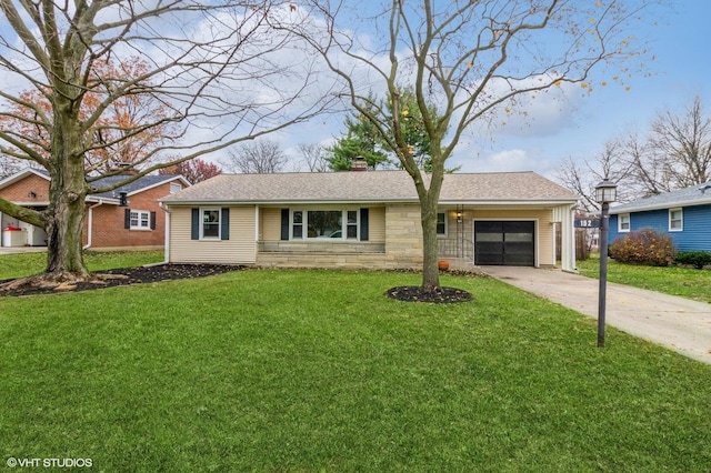 ranch-style house with a front lawn and a garage