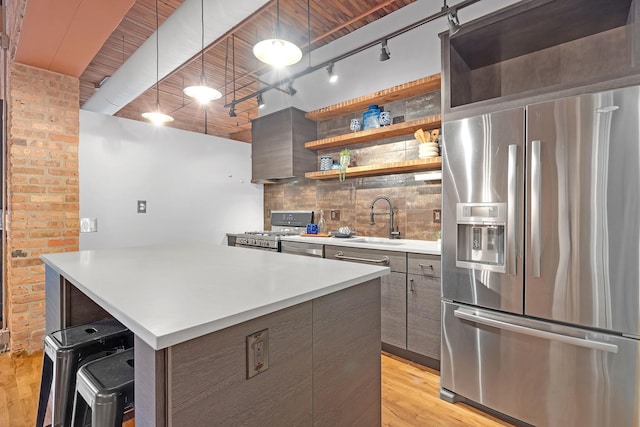 kitchen with sink, light hardwood / wood-style flooring, appliances with stainless steel finishes, hanging light fixtures, and wall chimney exhaust hood