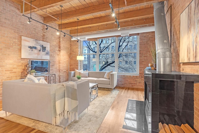 living room featuring light hardwood / wood-style flooring, wooden ceiling, a wood stove, track lighting, and brick wall