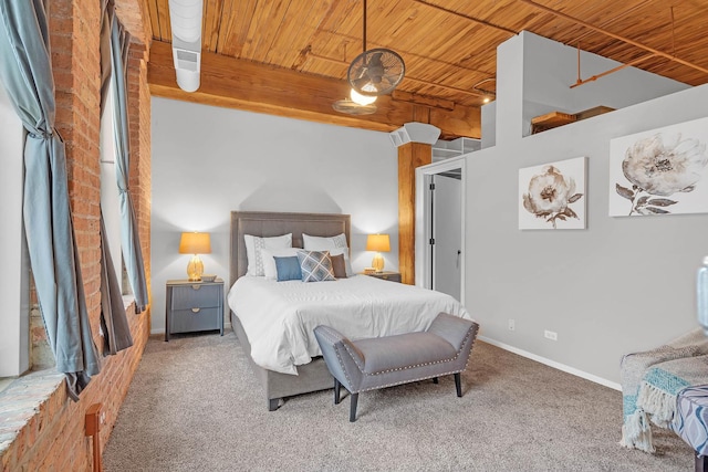 bedroom with carpet flooring and wood ceiling