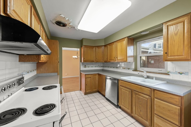 kitchen with light tile patterned floors, tasteful backsplash, dishwasher, white range with electric cooktop, and sink