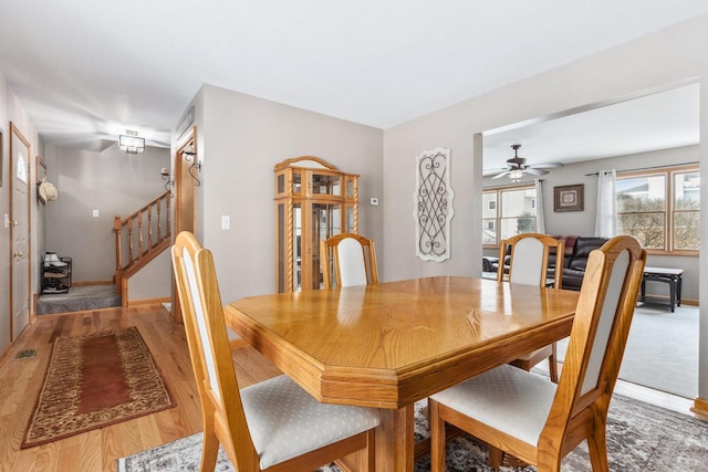 dining area featuring ceiling fan and hardwood / wood-style flooring