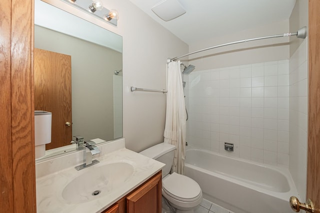 full bathroom featuring vanity, tile patterned flooring, shower / bath combination with curtain, and toilet