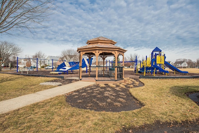 view of playground featuring a gazebo and a lawn