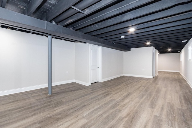 basement with hardwood / wood-style floors