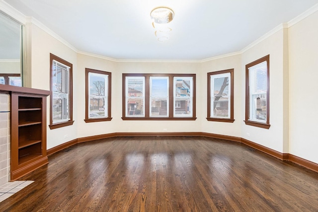 spare room with ornamental molding, a wealth of natural light, and dark hardwood / wood-style floors