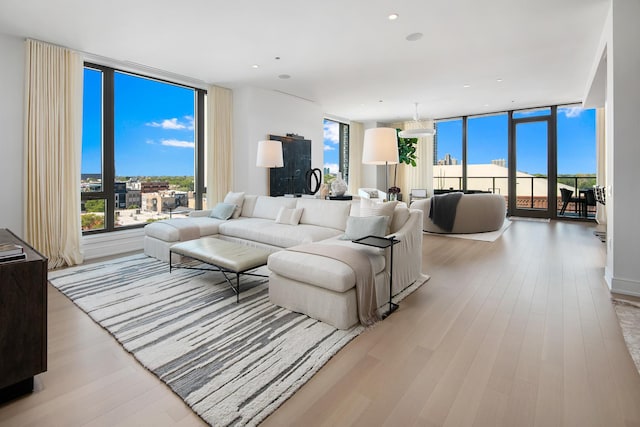 living room with light hardwood / wood-style floors and a wall of windows