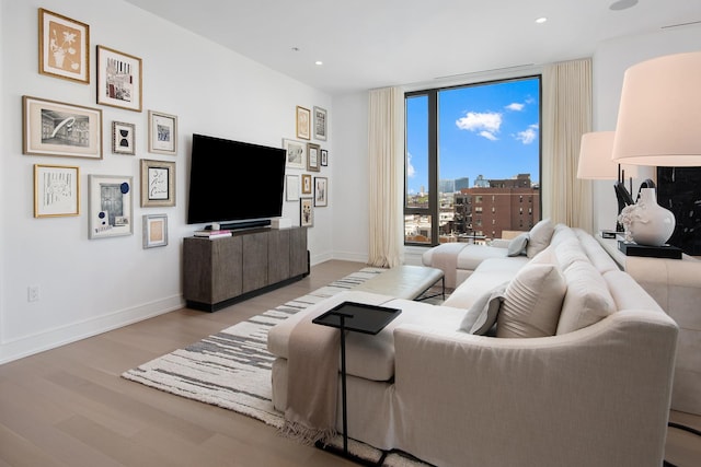 living room featuring light wood-type flooring and expansive windows