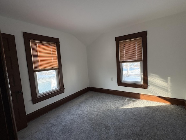 unfurnished room with a healthy amount of sunlight, vaulted ceiling, and carpet