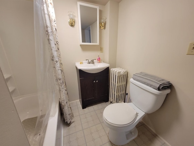 407 E Walnut St, Oglesby, IL 61348 - full bath featuring radiator, toilet, vanity, shower / bathtub combination with curtain, and baseboards