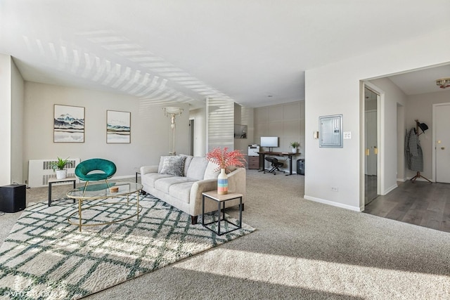 living room featuring electric panel and carpet floors