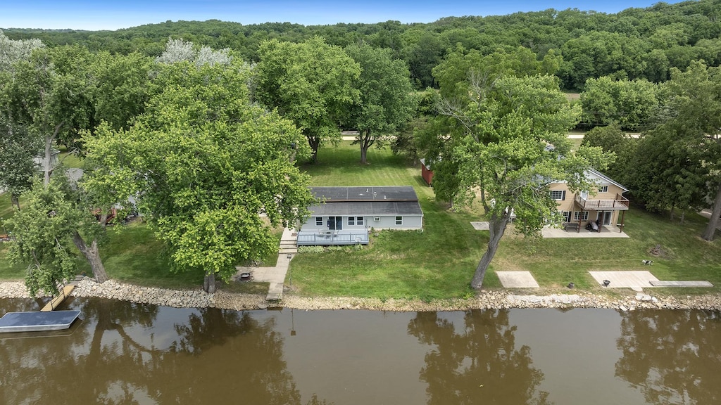 bird's eye view with a water view