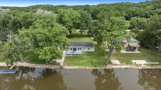 bird's eye view with a water view