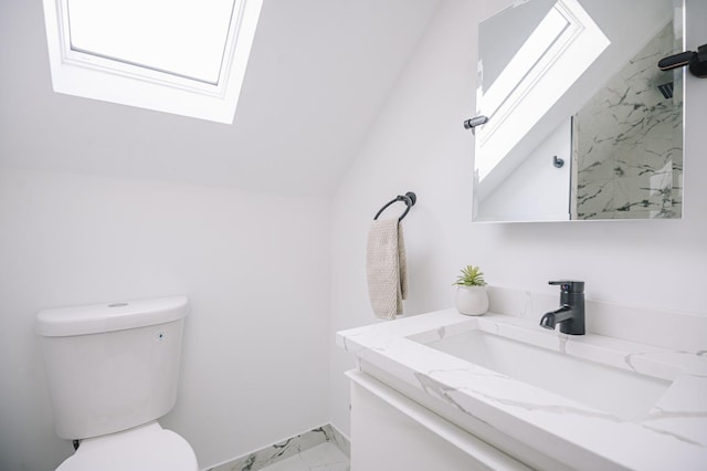 bathroom featuring toilet, vanity, and a skylight