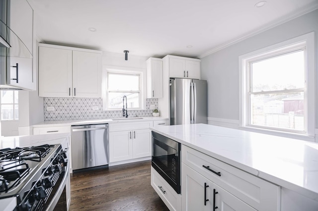 kitchen featuring sink, white cabinets, dark hardwood / wood-style flooring, crown molding, and appliances with stainless steel finishes