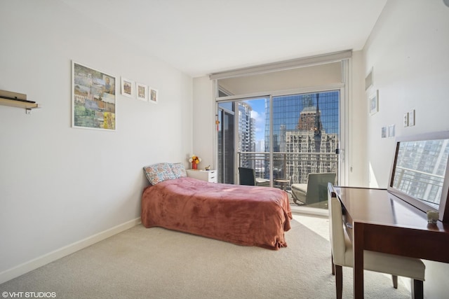 bedroom with carpet, a city view, visible vents, access to outside, and baseboards