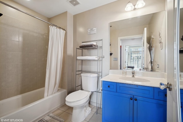 full bathroom with visible vents, toilet, tile patterned floors, shower / bath combination with curtain, and vanity