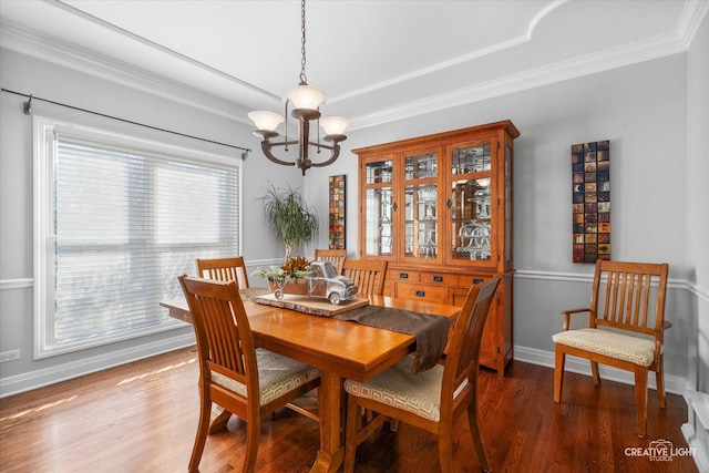 dining room with ornamental molding, a chandelier, and dark hardwood / wood-style floors