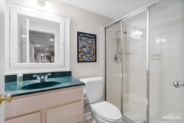 bathroom with an enclosed shower, vanity, and toilet