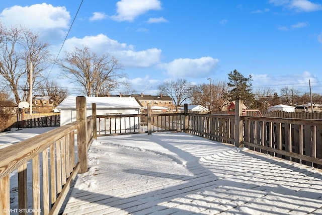 view of snow covered deck