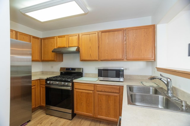 kitchen with sink, stainless steel appliances, and light wood-type flooring