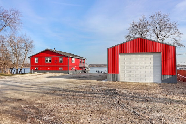 garage featuring a water view