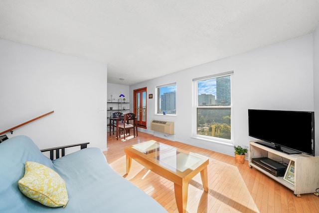 living room with a wall unit AC and wood-type flooring