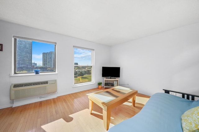 living room featuring a wall mounted air conditioner and wood-type flooring