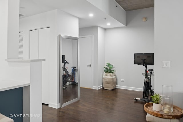 workout room featuring dark hardwood / wood-style flooring