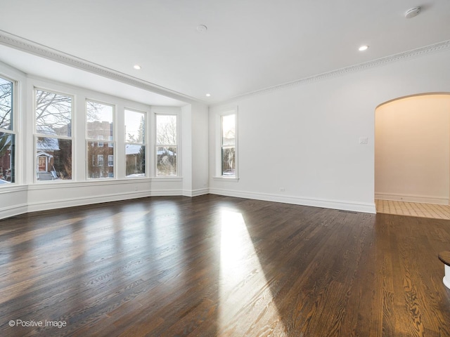 spare room with ornamental molding and dark hardwood / wood-style flooring