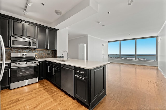 kitchen featuring sink, a water view, tasteful backsplash, kitchen peninsula, and appliances with stainless steel finishes