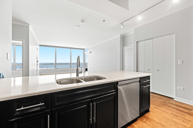 kitchen featuring rail lighting, light wood-type flooring, a water view, sink, and stainless steel dishwasher