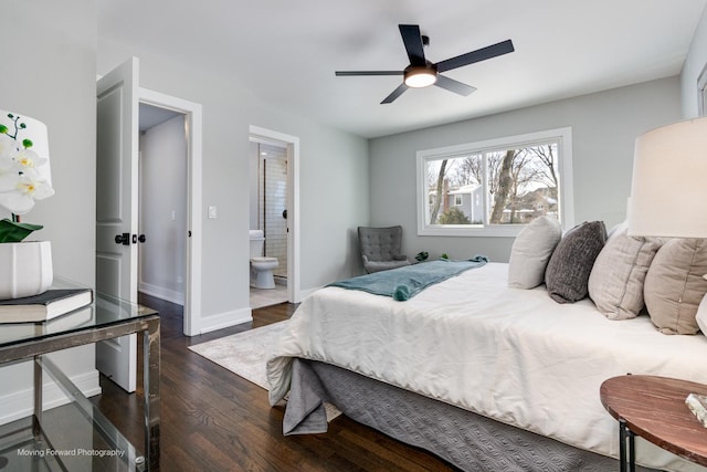 bedroom featuring ensuite bath, ceiling fan, and dark wood-type flooring