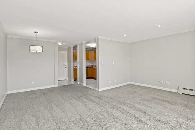 unfurnished living room featuring light carpet, ornamental molding, and a baseboard heating unit