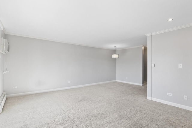 carpeted empty room with crown molding and a wall mounted air conditioner