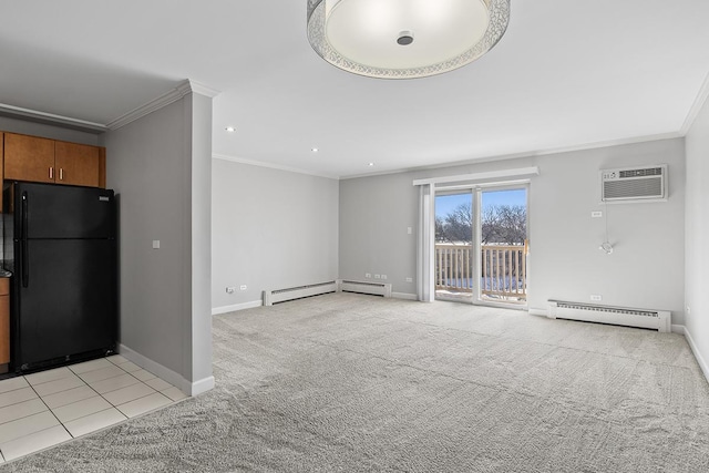 unfurnished living room with light colored carpet, an AC wall unit, ornamental molding, and a baseboard radiator