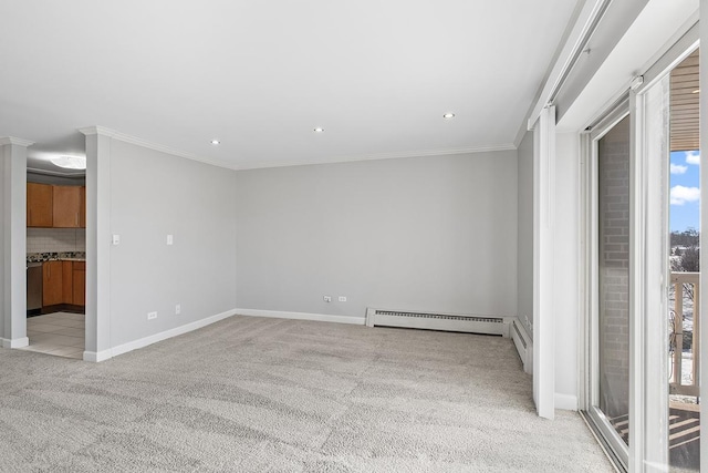 carpeted empty room featuring ornamental molding and a baseboard radiator