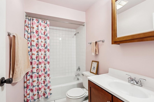 full bathroom with vanity, toilet, and shower / bath combination with curtain