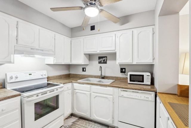 kitchen with sink, ceiling fan, white appliances, and white cabinets