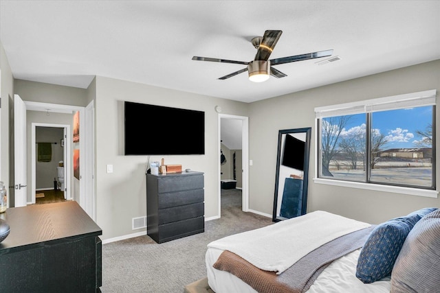 carpeted bedroom featuring ceiling fan