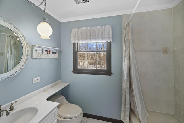 bathroom featuring tile patterned floors, toilet, a shower with curtain, ornamental molding, and vanity