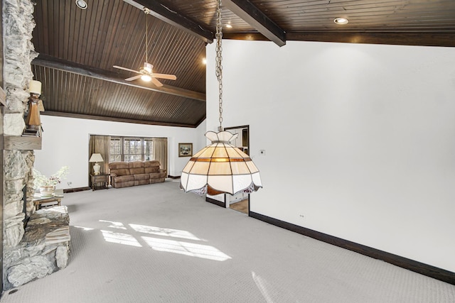 bedroom with high vaulted ceiling, carpet flooring, wooden ceiling, and beam ceiling