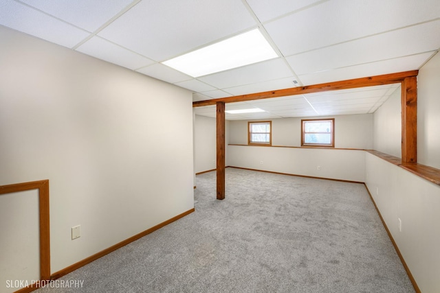 basement featuring light carpet and a drop ceiling