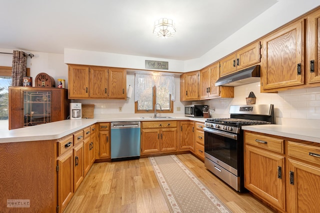 kitchen with backsplash, kitchen peninsula, sink, light wood-type flooring, and stainless steel appliances