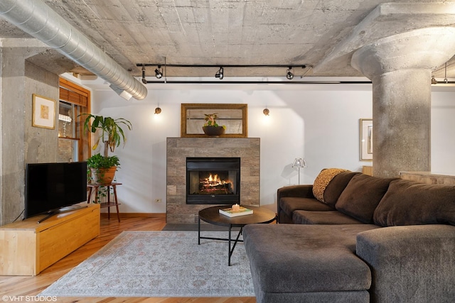 living area with a fireplace, wood finished floors, and track lighting