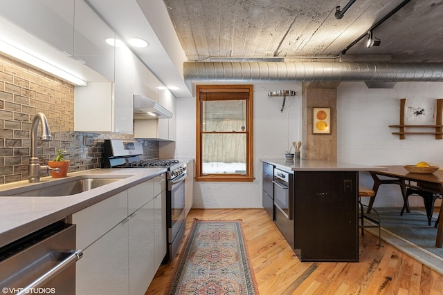 kitchen featuring stainless steel appliances, a sink, white cabinets, and under cabinet range hood