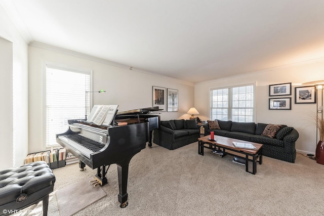 carpeted living room with ornamental molding