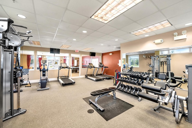 gym with a paneled ceiling, a wealth of natural light, and carpet floors