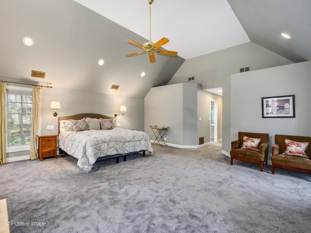 bedroom featuring lofted ceiling, ceiling fan, and carpet flooring